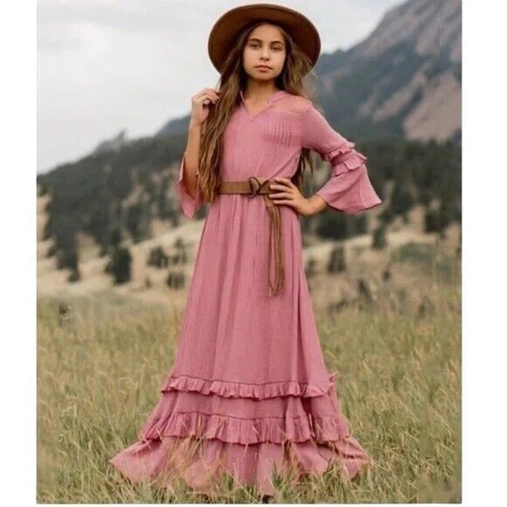 mia joy girls sz 10 dress long pink dusty rose western maxi flowy formal -FLAWED